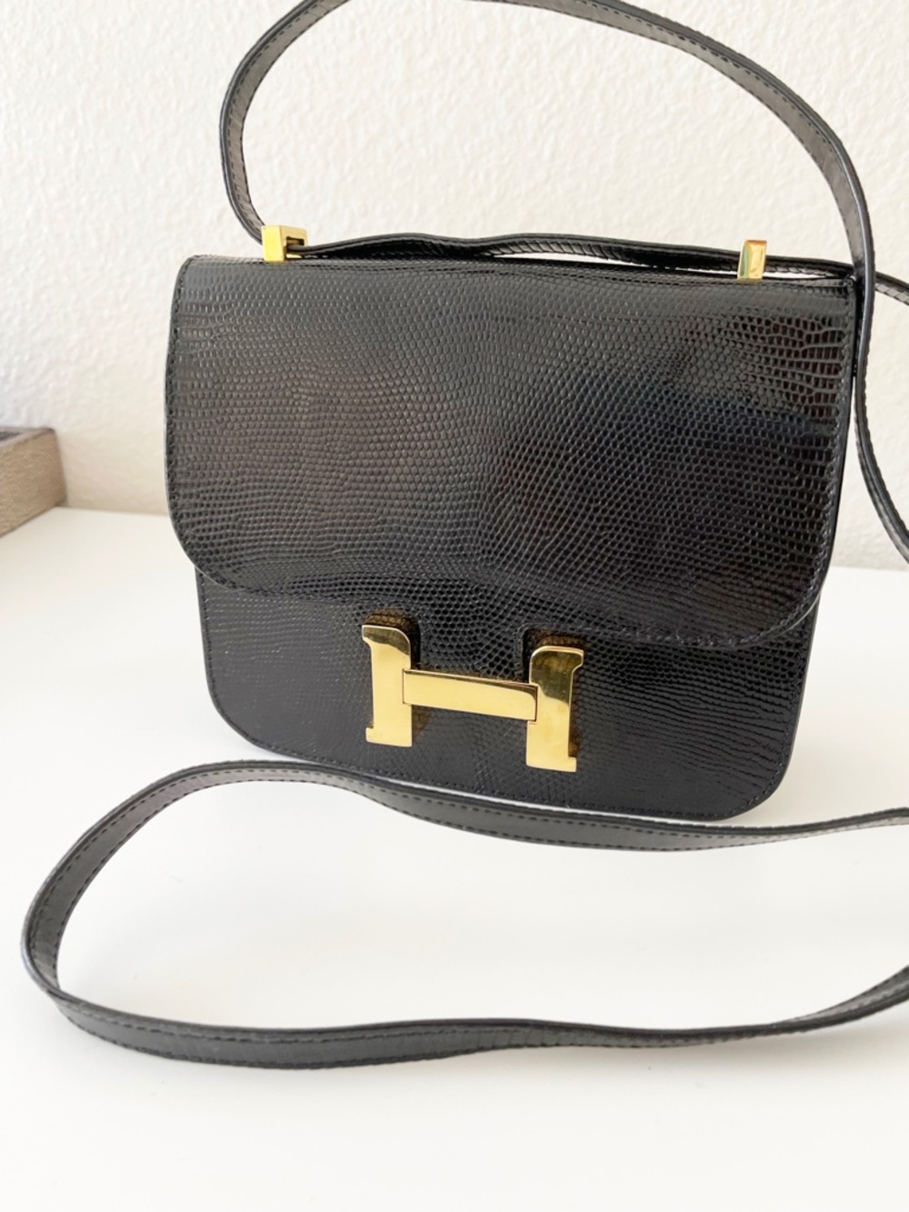 HERMES Shiny BLACK LIZARD Constance Bag Mini 18cm HARDWARE GOLD/Read description